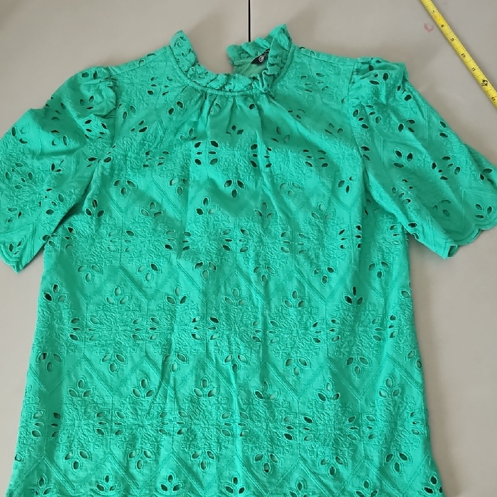 Women's Teal Eyelet Ruffle-Neck Blouse